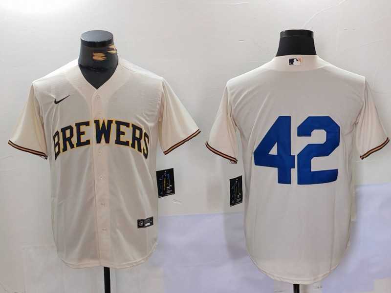 Mens Milwaukee Brewers #42 Jackie Robinson Cream Cool Base Stitched Jersey